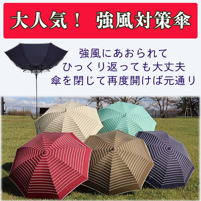 【ふるさと納税】強風対策 耐風傘 雨傘 レディース 長傘 ボーダー ワンタッチジャンプ 162003 ワイン ／ まちづくり観光振興機構 折りたたみ カジュアル 通勤 通学 奈良県 田原本町 サムネイル2