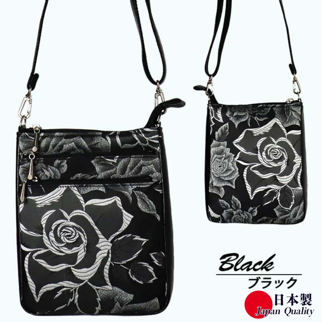 ローズ柄 ブラック ポシェット BR-62 縦型 日本製 ミニショルダーバッグ レディース ／ まちづくり観光振興機構 傘生地 ブロケード織り 旅行 ウォーキング 防水 奈良県 田原本町