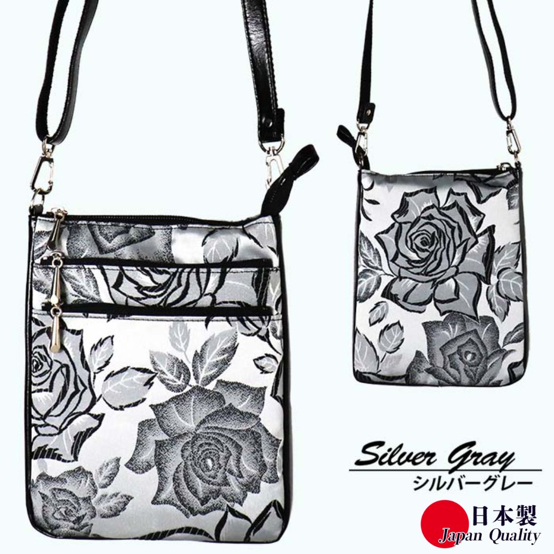 ローズ柄 シルバーグレー ポシェット BR-62 縦型 日本製 ミニショルダーバッグ レディース ／ まちづくり観光振興機構 傘生地 ブロケード織り 旅行 ウォーキング 防水 奈良県 田原本町