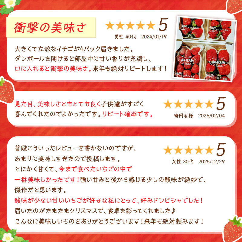 【ふるさと納税】農家直送！大粒完熟まりひめ いちご 2パック 4パック 《先行予約》 【配送不可地域：北海道・沖縄・離島】 ふるさと納税 いちご 予約 先行予約 ふるさと納税 苺 ふるさと納税 イチゴ ふるさと納税 フルーツ くだもの 果物 旬 パック 送料無料 数量限定 - 画像3