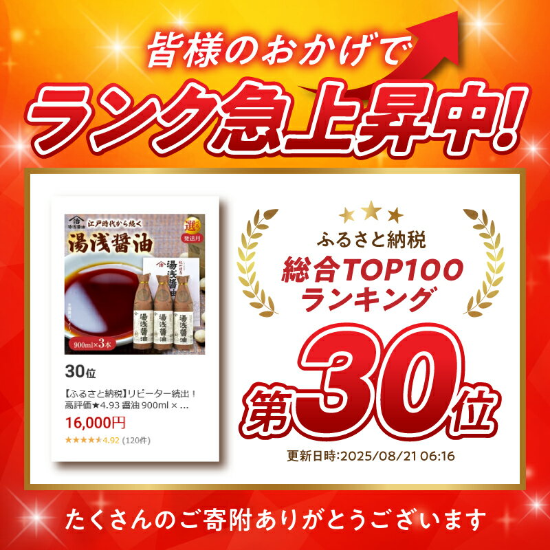 【ふるさと納税】リピーター続出！ 高評価★4.93 醤油 900ml × 3本 二度仕込み 湯浅醤油 詰め合わせ 選べる発送月 国産 調味料 深みのあるコク 濃厚 刺身 寿司 冷奴 焼き魚 煮物 炒め物 料理 つけ醤油 かけ醤油 老舗の味 しょうゆの里 紀州湯浅 和歌山県 湯浅町 送料無料 サムネイル2