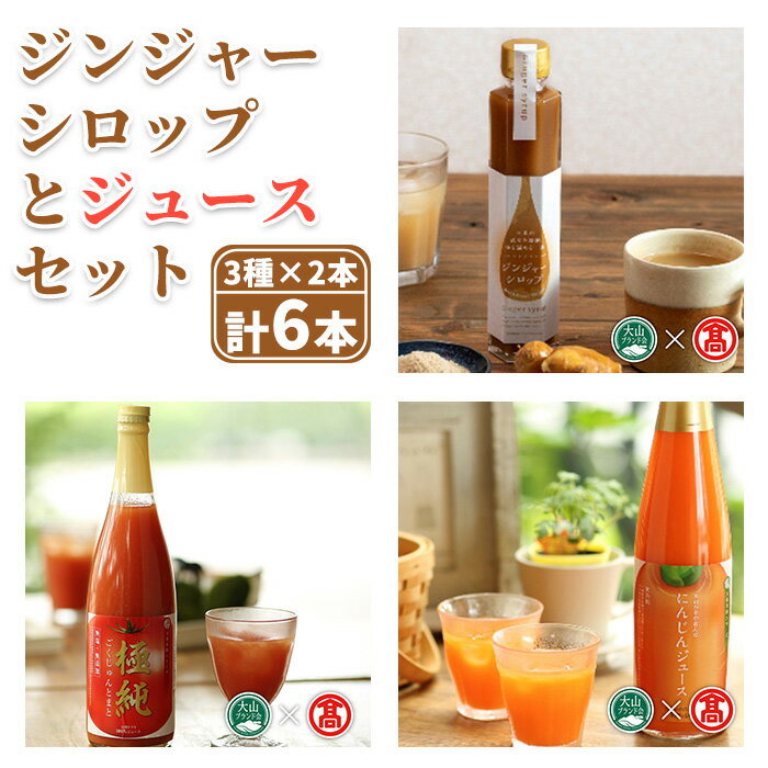 ジンジャーシロップとジュースセット(トマト・にんじん)(計6本・各2本) トマト にんじん 食塩不使用 生姜 ジンジャー シロップ ミネラル きび砂糖 無加水 ジンジャーエール ホットジンジャー 料理 お菓子【T-BF11】【大山ブランド会】