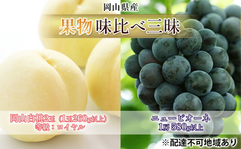 【ふるさと納税】桃 ぶどう 2026年 先行予約 果物 味比べ三昧 岡山 白桃 2玉 等級：ロイヤル（1玉260g以上）ニュー ピオーネ 1房 580g以上 詰合せ もも 葡萄 岡山県産 国産 フルーツ 果物 ギフト 　お届け：2026年7月上旬～2026年8月上旬 サムネイル2