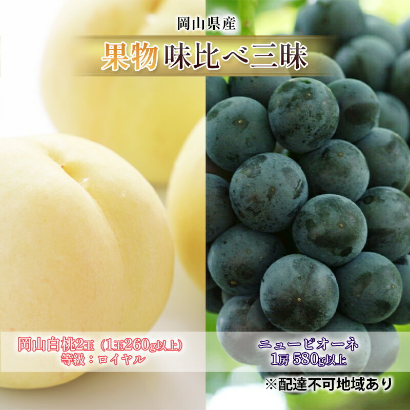 桃 ぶどう 2026年 先行予約 果物 味比べ三昧 岡山 白桃 2玉 等級：ロイヤル（1玉260g以上）ニュー ピオーネ 1房 580g以上 詰合せ もも 葡萄 岡山県産 国産 フルーツ 果物 ギフト 　お届け：2026年7月上旬～2026年8月上旬