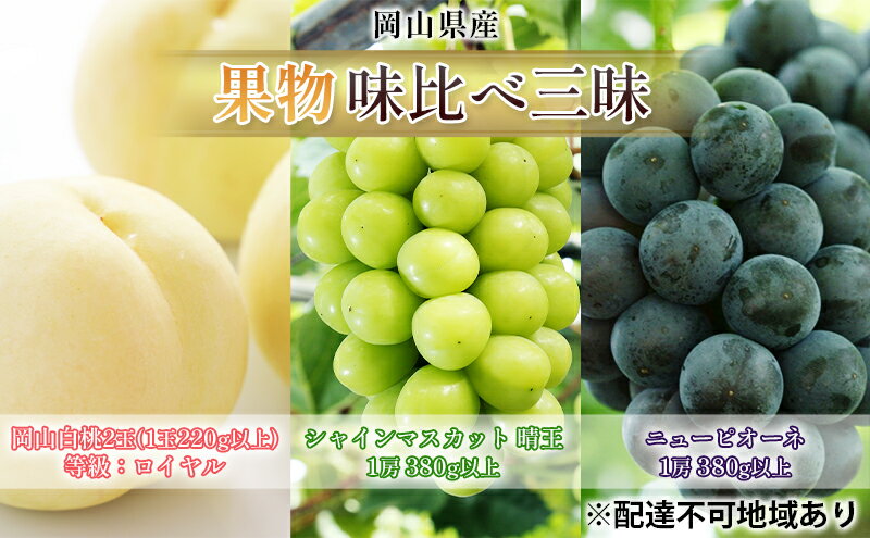 【ふるさと納税】桃 ぶどう 2026年 先行予約 果物 味比べ三昧 岡山 白桃 2玉 等級：ロイヤル（1玉220g以上） シャイン マスカット 晴王 1房 380g以上 ニュー ピオーネ 1房 380g以上 詰合せ 岡山県産 国産 フルーツ ギフト 　お届け：2026年7月上旬～2026年8月上旬 サムネイル2