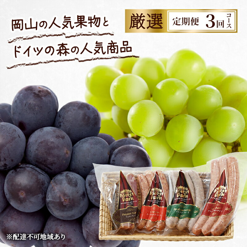 定期便 2026年 先行予約 岡山の人気果物とドイツの森の人気商品 厳選 3回コース ぶどう ニューピオーネ シャインマスカット 晴王 ソーセージ 赤磐市　お届け：2026年9月1日～2026年11月30日