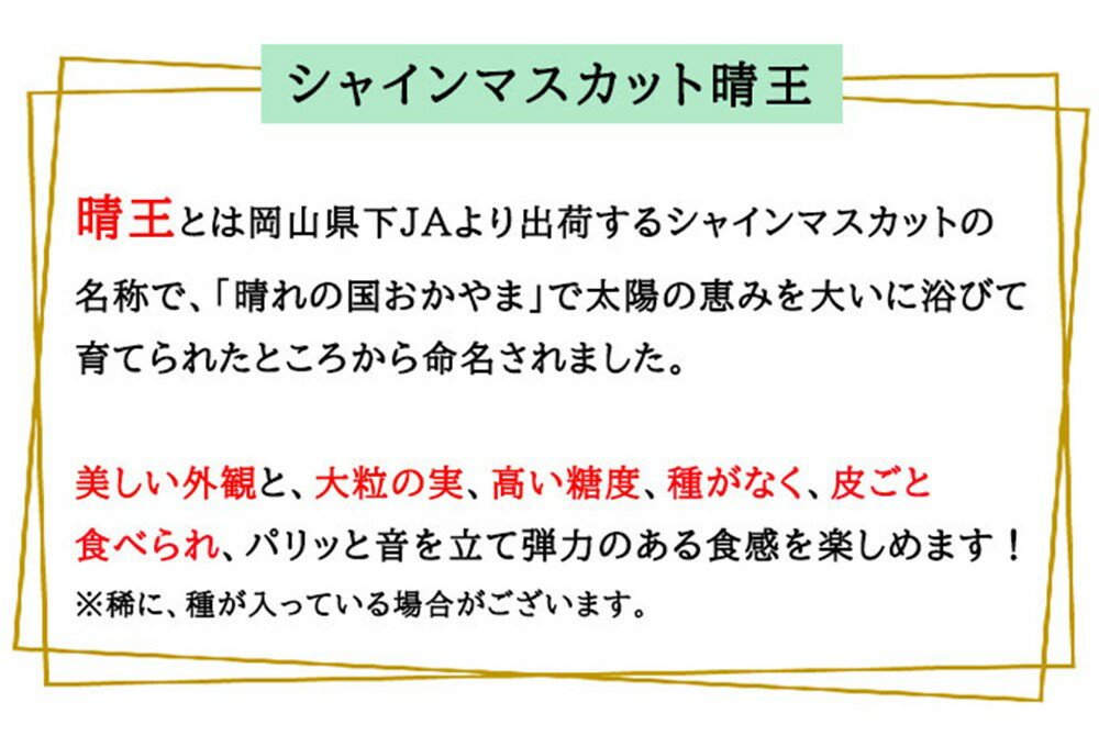 【ふるさと納税】ご家庭用 シャインマスカット 晴王 〈選べる 容量〉約400g(1房) / 約800g(2房) / 約1.5kg(3～6房) / 約2kg(3～6房) ぶどう 葡萄 マスカット 果物 フルーツ デザート 家庭用 岡山県産 送料無料【2025年8月下旬～11月下旬迄発送】 サムネイル3