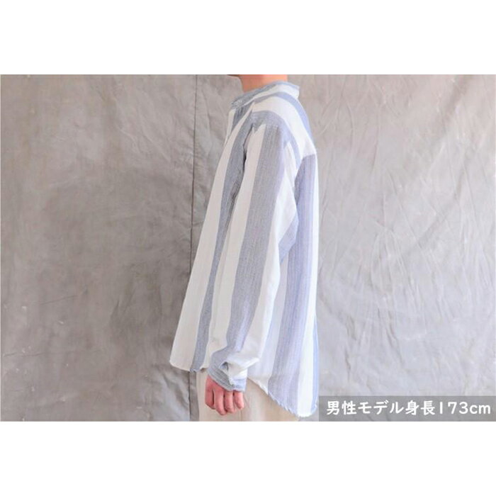 【ふるさと納税】スタンドカラー オーガニックコットン100％ダブルガーゼ・ユニセックスシャツ　Lサイズ／太いストライプ | 男女兼用 柔らかい 肌に優しい シャツ ゆるシャツ トップス おすすめ 広島県 尾道市 サムネイル3