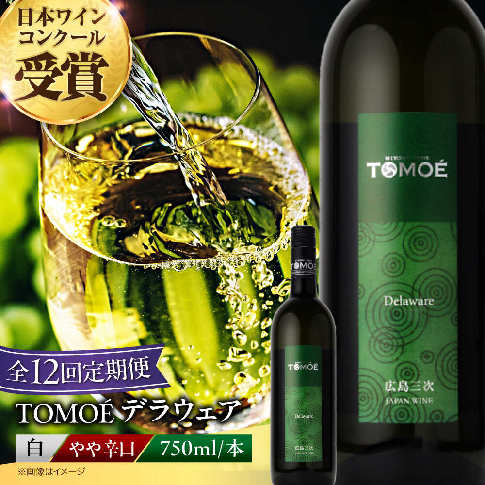 【全12回定期便】TOMOE デラウェア 白ワイン やや辛口 750ml 1本 白 ワイン 受賞 ギフト 醸造 おすすめ 三次市 / 広島三次ワイナリー[APAZ052]飲み比べ 贈答 特産品 産地直送 取り寄せ 送料無料 広島 三次 106000円 11万円以下 お中元 酒 辛口 記念日