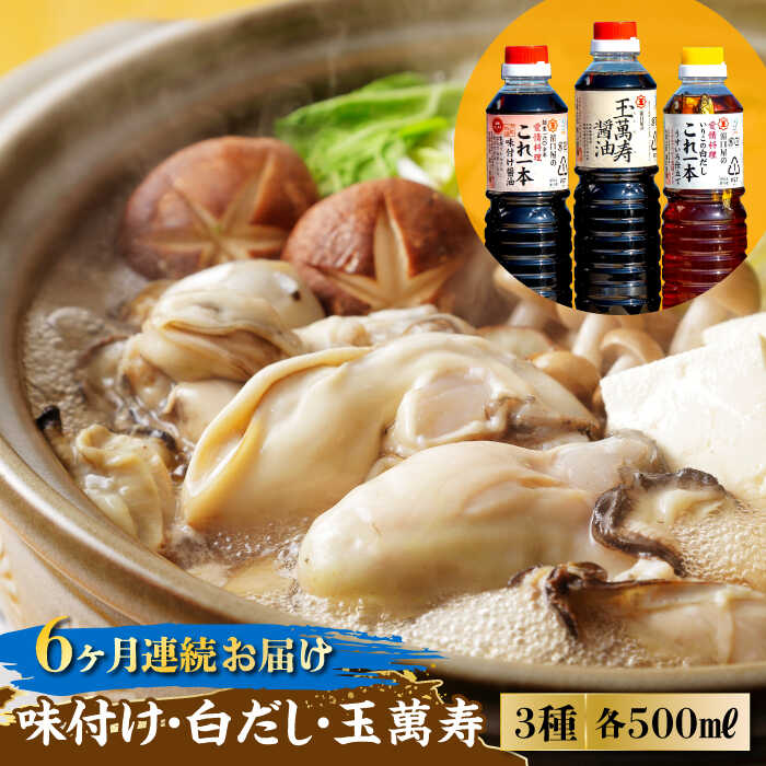 調味料 セット 保存 だし 醤油 しょうゆ 【全6回定期便】忙しいあなたに！ これ1本で美味しい味付け！ 味付け/白だし/玉萬寿 各500mL 料理 簡単レシピ うどん そば ラーメン 鍋 餃子 和食 ギフト 江田島市/有限会社濱口醤油[XAA015]