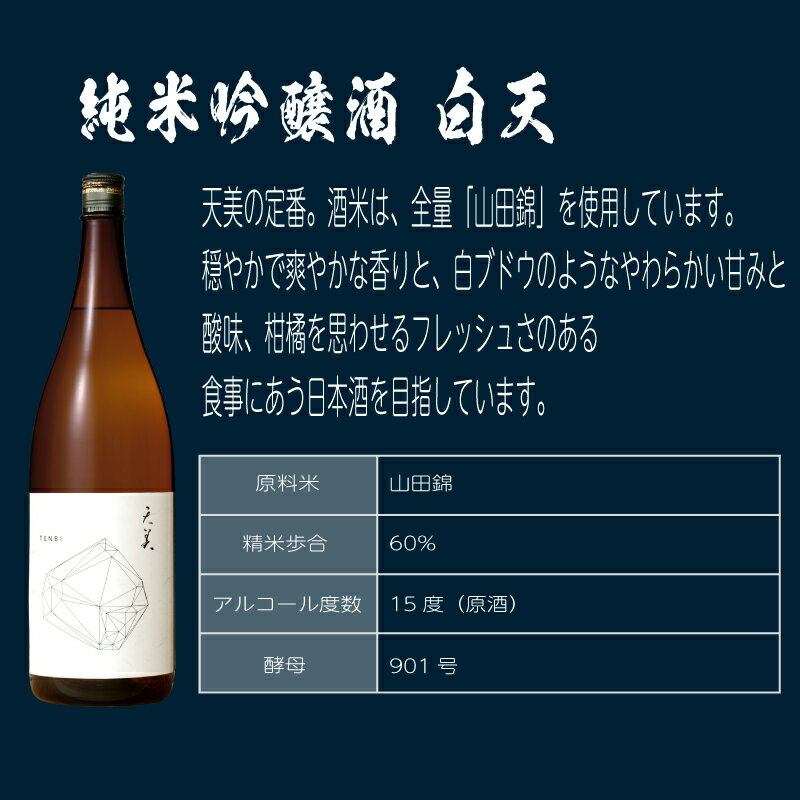 【ふるさと納税】 日本酒 2本 セット 特別純米酒 純米吟醸酒 天美 黒天 白天 720ml × 2 酒 お酒 人気日本酒 おすすめ日本酒 TENBI 長州酒造 飲み比べ フレッシュ フルーティー プレゼント ギフト 銘酒 贈り物 贈答 家飲み 晩酌 お中元 お歳暮 記念日 父の日 下関 山口 - 画像3