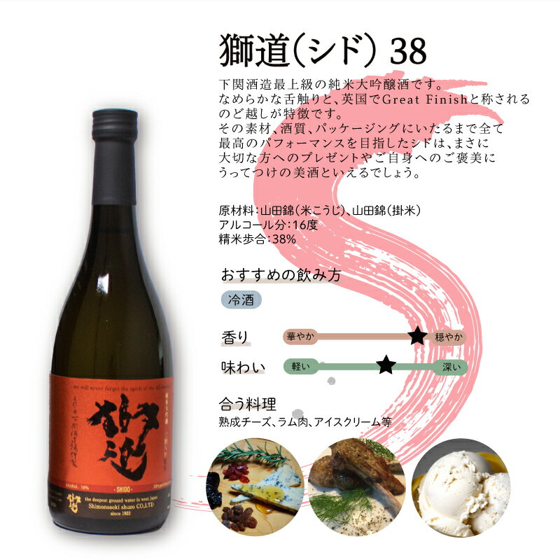 【ふるさと納税】 日本酒 獅道38 純米大吟醸酒 720ml お酒 酒 日本酒 金賞 受賞 人気 おすすめ お取り寄せ 鮮魚 魚介 海鮮 肉 ラム肉 チーズ プレゼント ギフト 銘酒 贈り物 贈答 家飲み 晩酌 お中元 お歳暮 記念日 父の日 下関 山口 下関酒造 サムネイル3