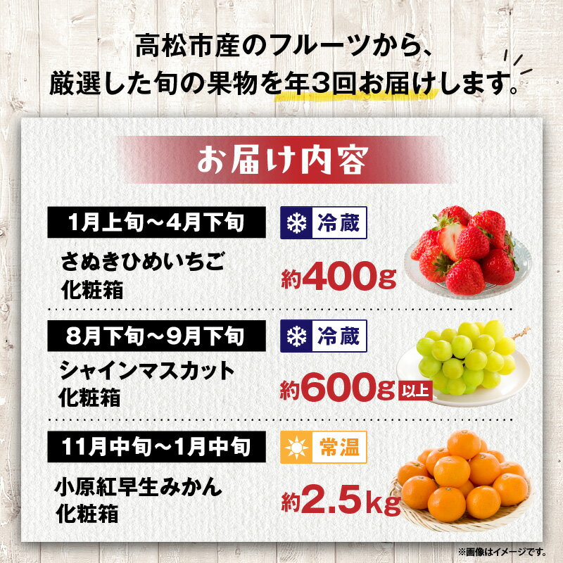 【ふるさと納税】【ALL化粧箱】【3回お届け】高松市自慢のフルーツ定期便【F】 | 果物 フルーツ スイーツ デザート さぬきひめいちご シャインマスカット 小原紅早生みかん いちご マスカット みかん 贈り物 ギフト プレゼント お取り寄せ グルメ 香川県 高松市 サムネイル2