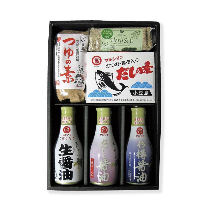 【小豆島マルシマ】だしの素、調味塩・卓上醤油6点セット（だしの素：10g×16パック つゆの素：210g×1個 醤油：200ml×3本） | 香川 四国 お土産 調味料 醤油 しょうゆ 濃口醤油 国産 本醸造 調味料セット 醤油セット だしの素 粉末