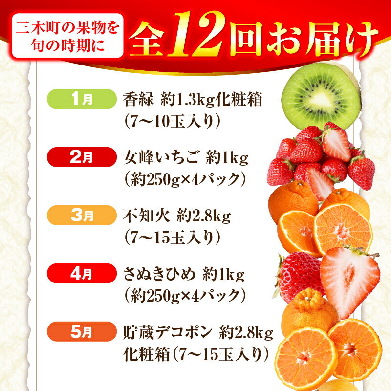 【ふるさと納税】さぬき旬のフルーツ大満足 12回定期便 果物 フルーツ 青果 青果物 キウイ いちご 不知火 デコポン フルーツ定期便 シャインマスカット みかん 果実 柑橘 旬 季節 旬の果物 季節の果物 贈答 化粧箱 取り寄せ グルメ 香川県 三木町 サムネイル2
