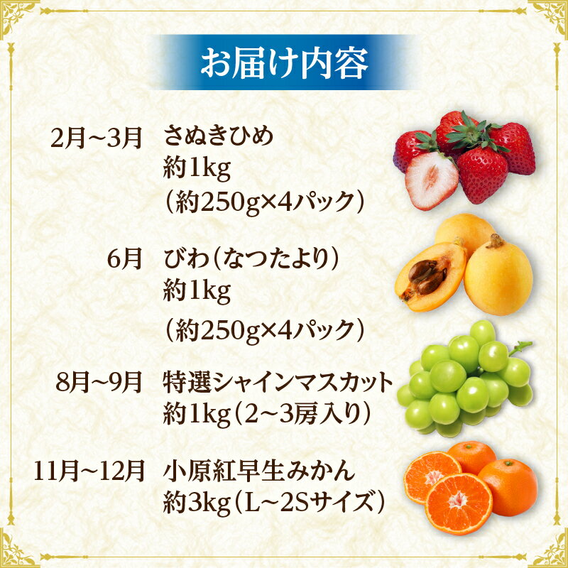【ふるさと納税】さぬき旬のフルーツお楽しみ 4回定期便 果物 フルーツ 青果 青果物 いちご びわ みかん シャインマスカット さぬきひめ 小原紅早生みかん マスカット なつたより 旬の果物 季節の果物 贈答 贈り物 ギフト 化粧箱 取り寄せ 香川県 三木町 送料無料 サムネイル3