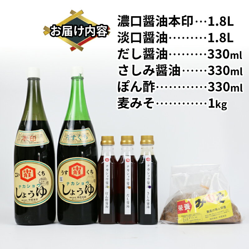 【ふるさと納税】 ＼10営業日以内発送／ 調味料 セット 6種類 濃口醤油 本印 淡口醤油 淡口 だし醤油 だし さしみ醤油 さしみ 刺身 刺し身 ぽん酢 麦みそ 詰め合わせ 詰合せ 中荘本店 老舗 醤油 しょうゆ みそ 味噌 炒め物 煮物 調理 料理 国産 愛媛 宇和島 J015-119004 サムネイル2