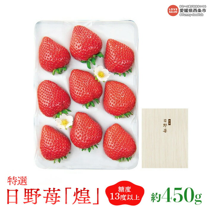 ＜特選 日野苺「煌」（約450g）＞ ※2025年11月末から12月末迄に順次出荷 イチゴ いちご 大粒 大玉 1粒30g以上 糖度13度以上 樹上完熟 果物 摘みたて 甘い くだもの フルーツ 桐箱 株式会社ひのいちご園 愛媛県 西条市 【冷蔵】【JP】