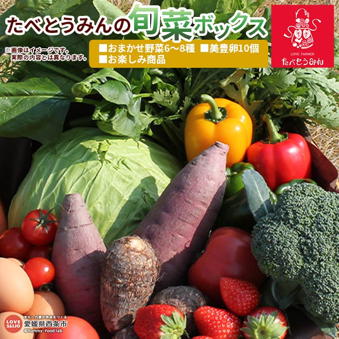 ＜たべとうみんの旬菜ボックス（おまかせ野菜6～8種 美豊卵10個 お楽しみ商品）＞ ※翌月末迄の火曜日に順次出荷します。野菜 やさい タマゴ たまご 旬 お任せ 詰め合わせ セット 産地直送 食材 農産物 愛媛県 西条市【冷蔵】
