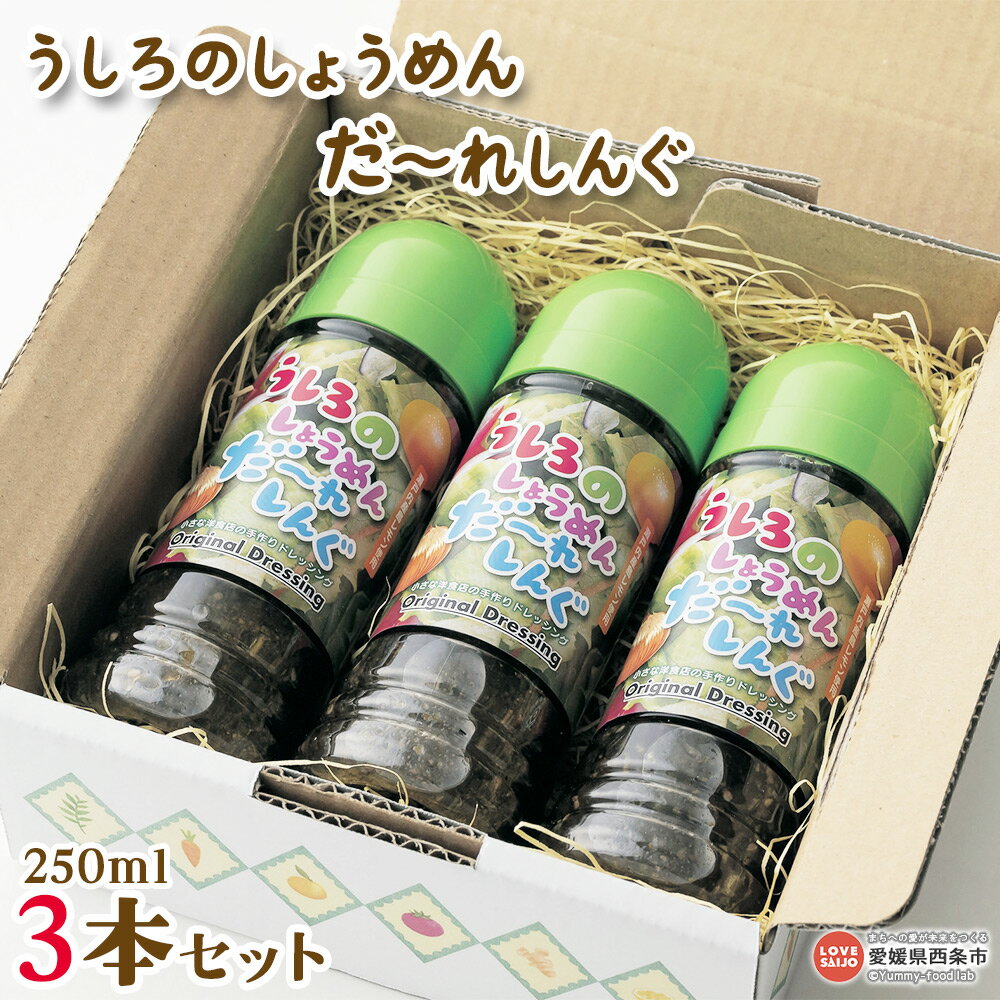 ＜瀬戸内レモンの手作りドレッシング うしろのしょうめんだ～れしんぐ 250ml×3本セット＞※翌月末迄に順次出荷します 玉ねぎ レモン 黒ごま 大葉 和風 調味料 サラダ 料理 アレンジ ギフト 贈答用 有限会社うしろのしょうめんだあれ 愛媛県 西条市【常温】
