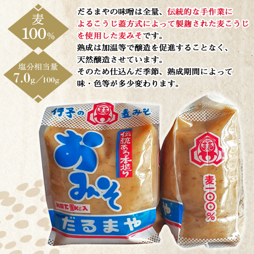 【ふるさと納税】＜国産 はだか麦 100％ みそ 5kg（1kg×5袋）配送回数：1～6回＞ 選べる 定期便 味噌 天然醸造 伝統製法 こうじ蓋 麹蓋製法 麦麹 自然発酵 手作業 長期熟成 国産麦 麦味噌 麦みそ 発酵食品 だるまや 愛媛県 西予市【常温】『通常：1か月以内に順次出荷』 - 画像2