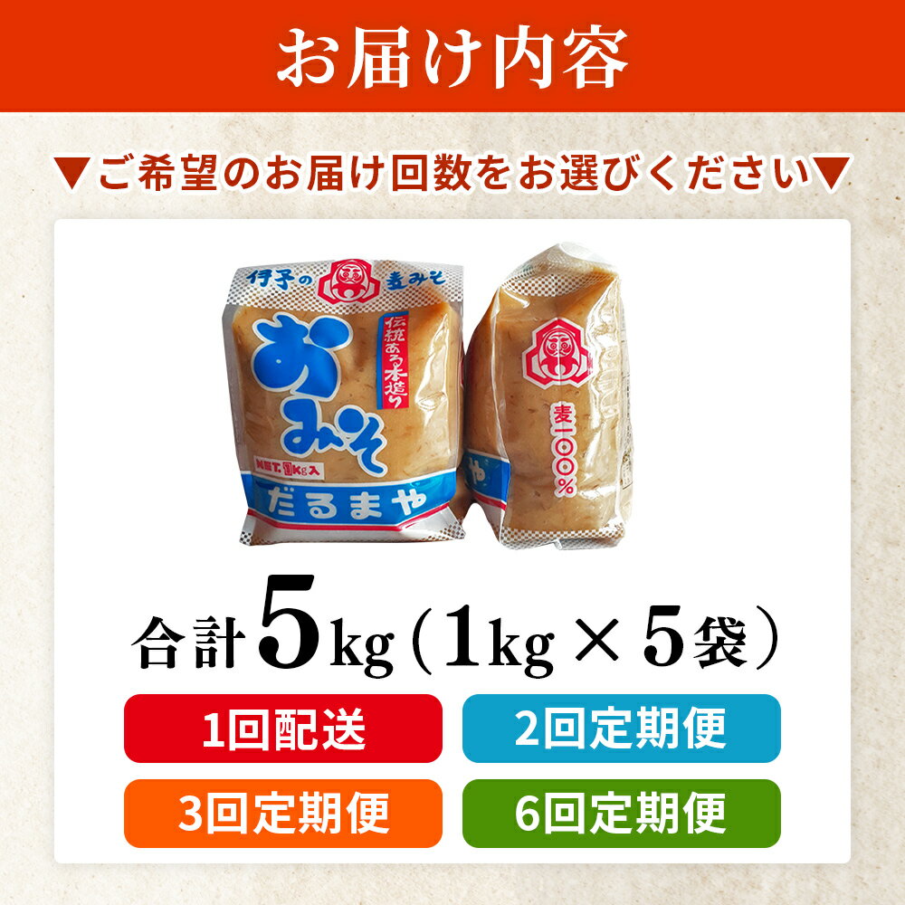 【ふるさと納税】＜国産 はだか麦 100％ みそ 5kg（1kg×5袋）配送回数：1～6回＞ 選べる 定期便 味噌 天然醸造 伝統製法 こうじ蓋 麹蓋製法 麦麹 自然発酵 手作業 長期熟成 国産麦 麦味噌 麦みそ 発酵食品 だるまや 愛媛県 西予市【常温】『通常：1か月以内に順次出荷』 - 画像3