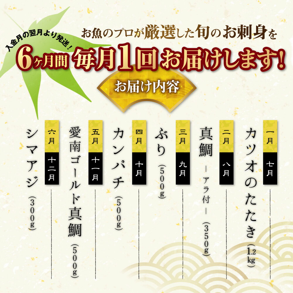 【ふるさと納税】 【高評価★4.72】 旬のお刺身 定期便 6回 刺身 鮮魚 冷凍 真空 パック 旬 かつお 鰹 タイ 真鯛 ブリ 鰤 シマアジ 縞鯵 カンパチ 勘八 刺し身 毎月 お楽しみ 高級魚 鰤 鰹 鯛 勘八 新鮮 天然 養殖 愛南町 愛媛県 ハマスイ - 画像2