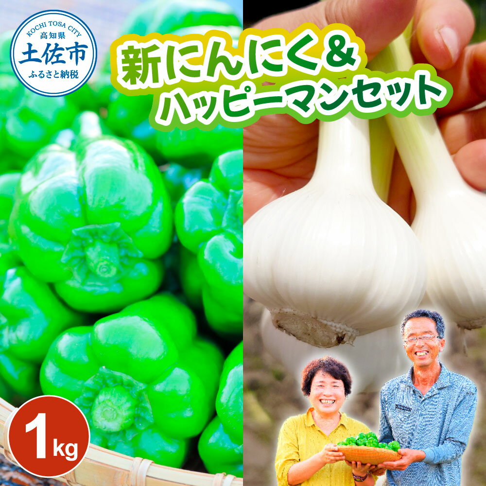 新にんにく＆ハッピーマンセット 約1キロ 約1kg ニンニク 新ニンニク ピーマン 野菜 やさい 副菜 お弁当 新鮮 おいしい 採れたて 国産 お取り寄せ 常温 冷蔵 高知県 高知 土佐市 土佐市 こうち 返礼品