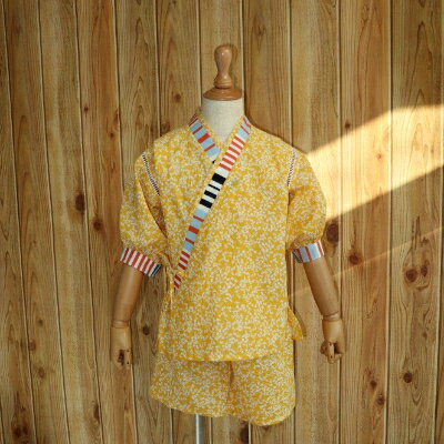 子ども甚平（pati pati） 110～120cm イエロー系リーフ柄×ストライプ柄 甚平 じんべい ファッション 子供服 キッズ服 香美市 高知県 送料無料