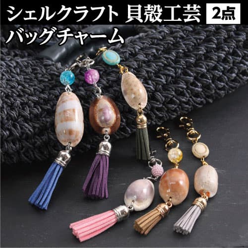 バッグチャーム 2個 シェルクラフト 貝殻工芸 ＜高知の浜辺でとれた美しい貝殻のバッグチャーム＞キーホルダー