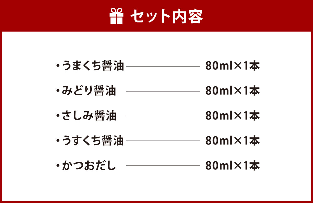 【ふるさと納税】ヒノヤマ醤油 ミニボトル 5種セット 80ml×5本 うまくち醤油 みどり醤油 さしみ醤油 うすくち醤油 かつおだし 甘口 濃口醤油 薄口醤油 刺身醤油 調味料 しょうゆ しょう油 ボトル お試しセット 国産 九州 福岡県北九州市 楽天スーパーSALE 9月開催 サムネイル2