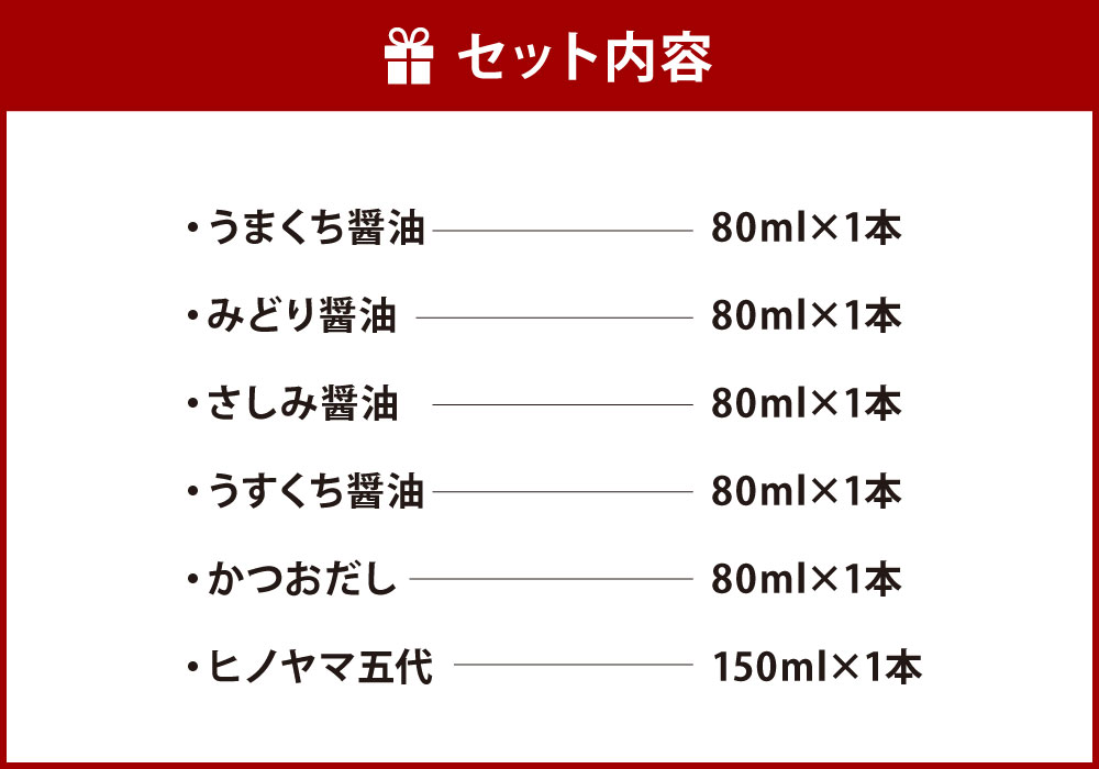 【ふるさと納税】ヒノヤマ醤油 ミニボトル5種 80ml×5本 ヒノヤマ五代 150ml うまくち醤油 みどり醤油 さしみ醤油 うすくち醤油 かつおだし 甘口 濃口醤油 薄口醤油 刺身醤油 調味料 醤油 しょうゆ しょう油 お試しセット 国産 福岡県北九州市 楽天スーパーSALE 9月開催 サムネイル2