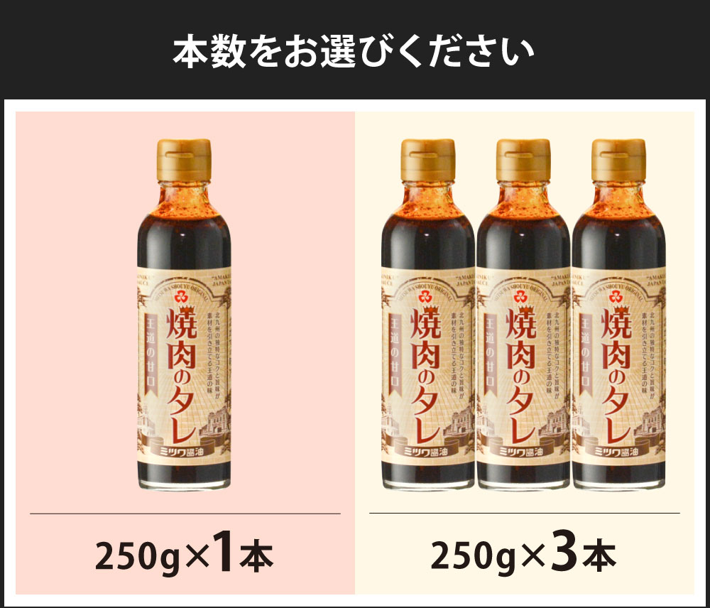 【ふるさと納税】焼肉のタレ王道の甘口 1本250g ＜選べる＞250g×1本 または 250g×3本 焼肉 焼き肉 たれ BBQ バーベキュー コク 旨み 甘み 濃厚 お子様 甘い 子ども ミツワ醤油 福岡県 九州 送料無料 サムネイル3