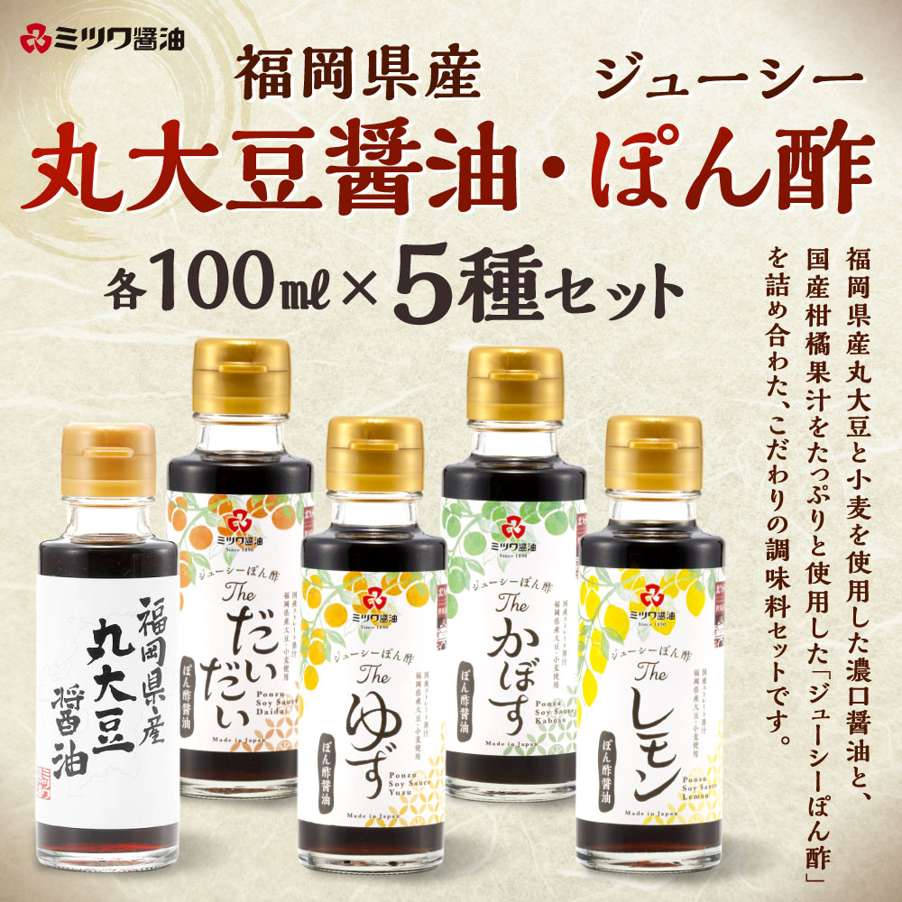 【ふるさと納税】福岡県産丸大豆醤油・ジューシーぽん酢(4種) 100mL×5本セット (1箱入り) 食べ比べ 調味料 醤油 しょうゆ だいだい ゆず 柚子 かぼす レモン 柑橘 さっぱり ポン酢醤油 濃口醤油 福岡県北九州市 楽天スーパーSALE 9月開催 サムネイル2