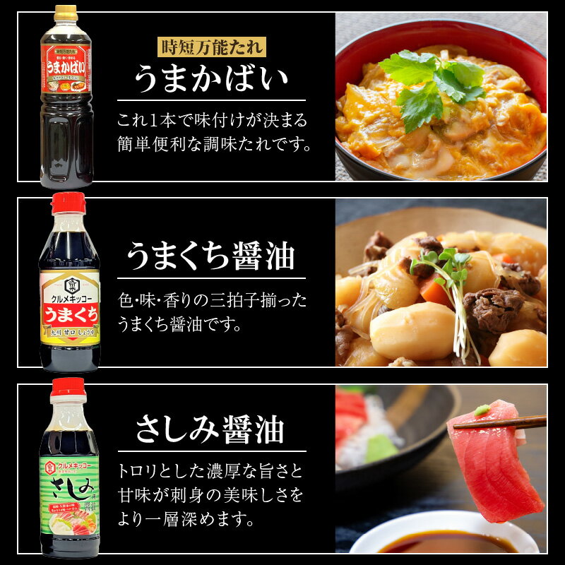 【ふるさと納税】久留米おふくろの味の万能たれセット クルメキッコー 万能たれ セット うまかばい うまくち醤油 さしみ醤油 おふくろの味 天然醸造 甘口 時短 お取り寄せ グルメ お手軽 調味料 九州醤油 刺身 すき焼き 親子丼 カツ丼 生姜焼き 肉じゃが 炒め物 送料無料 サムネイル3