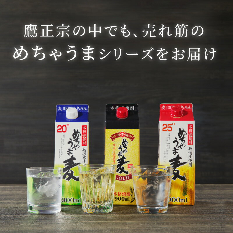 【ふるさと納税】麦焼酎 めちゃうま麦 飲み比べ 900ml パック × 6本 セット 選べる 配送回数 単品1回 隔月3回 定期便 めちゃうま麦25度 めちゃうま麦20度 めちゃうま麦ゴールド 鷹正宗株式会社 福岡県 久留米市 お取り寄せ 焼酎 お酒 アルコール 送料無料 サムネイル2