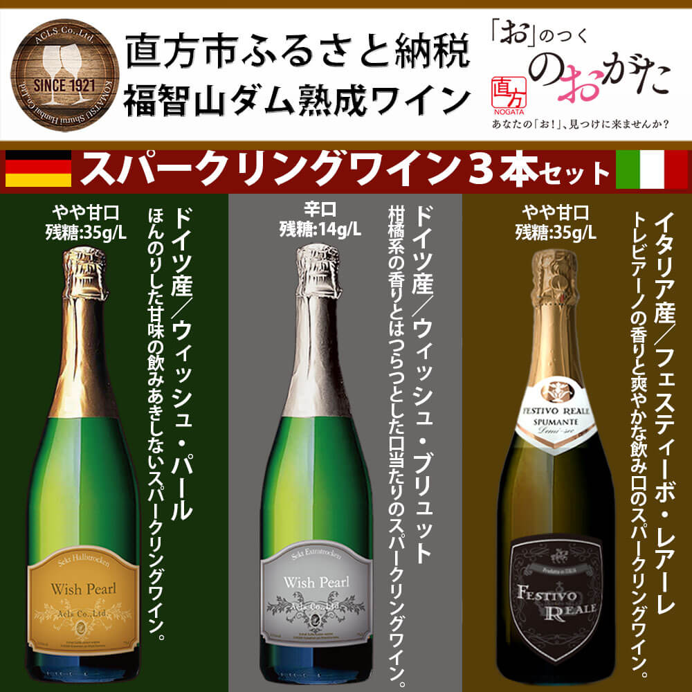 【ふるさと納税】 福智山ダム熟成 スパークリングワイン 3本詰め合わせセット 14000円 1万4000円 FD323 ウィッシュ・パール ウィッシュ・パール・ブリュット フェスティーボ・レアーレ スプマンテ 各750ml ワイン 福岡県 直方市 常温 送料無料 サムネイル2