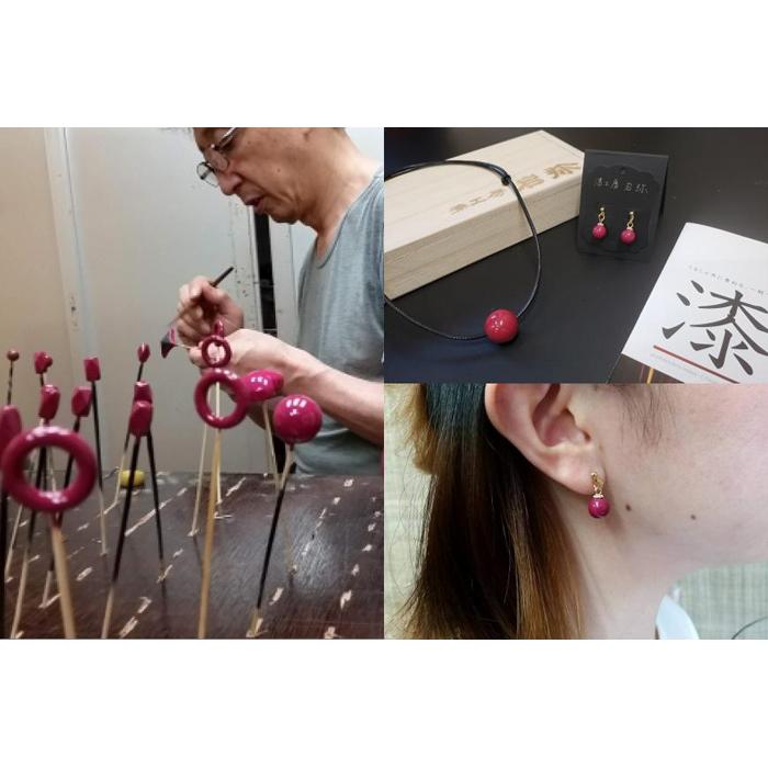 【ギフト用】＜本漆塗＞漆ペンダントとイヤリング（ピアス可）セット【ピンク】（ギフト対応）アクセサリー ネックレス ピアス イヤリング 装飾品 漆玉 職人技 軽量