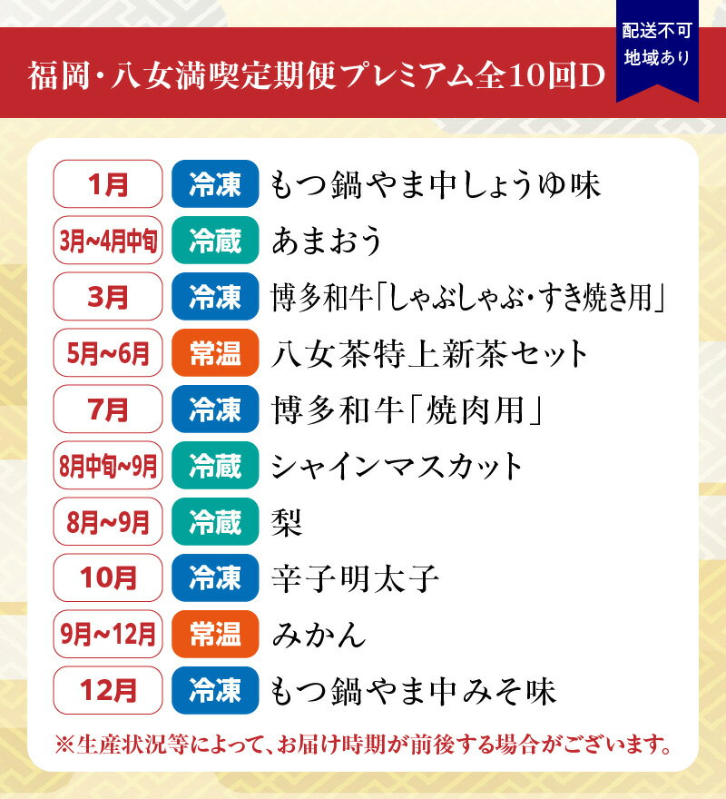 【ふるさと納税】福岡・八女満喫定期便プレミアム全10回D＜配送不可：北海道・沖縄・離島＞ もつ鍋 みそ しょうゆ 牛肉 いちご イチゴ あまおう シャインマスカット 梨 みかん 明太子 しゃぶしゃぶ すき焼き 新茶 八女茶 焼肉 辛子明太子 サムネイル2