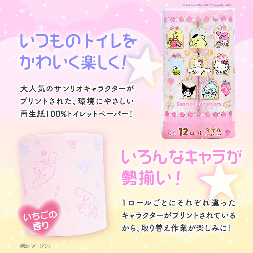 【ふるさと納税】トイレットペーパー サンリオ キャラクターズ ダブル 25m 12ロール×8パック《豊前市》【大分製紙】キャラクター プリント ハローキティ マイメロ キキララ シナモロール クロミ [VAA015] 備蓄 防災 まとめ買い 日用品 消耗品 常備品 生活用品 大容量 トイレ - 画像2