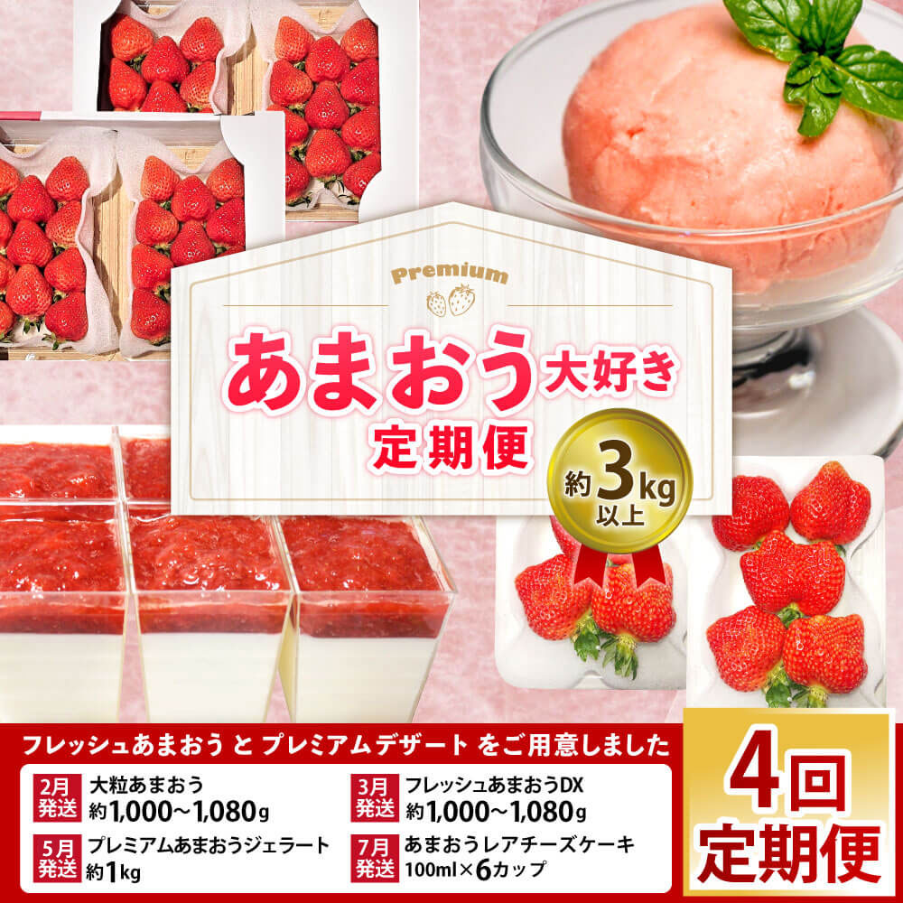 【ふるさと納税】予約！【4回定期便】あまおう大好き定期便 【2月・3月・5月・7月発送】【2026年2月上旬～7月下旬発送予定】あまおう 大粒 DX 約250～270g×各4 合計約1120g あまおうジェラート2種 あまおうレアチーズケーキ 6カップ 送料無料 サムネイル2