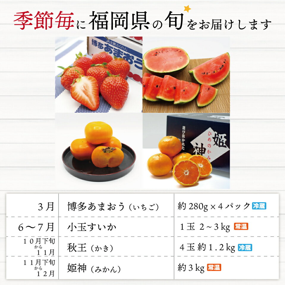 【ふるさと納税】【年4回春夏秋冬】福岡 旬のフルーツ 定期便 （3・6～7・10～11・11～12月） フルーツ 果物 くだもの 果実 いちご あまおう 小玉 すいか 赤 秋王 柿 かき 姫の神 みかん デザート おやつ【随時開始】[F5360] サムネイル3