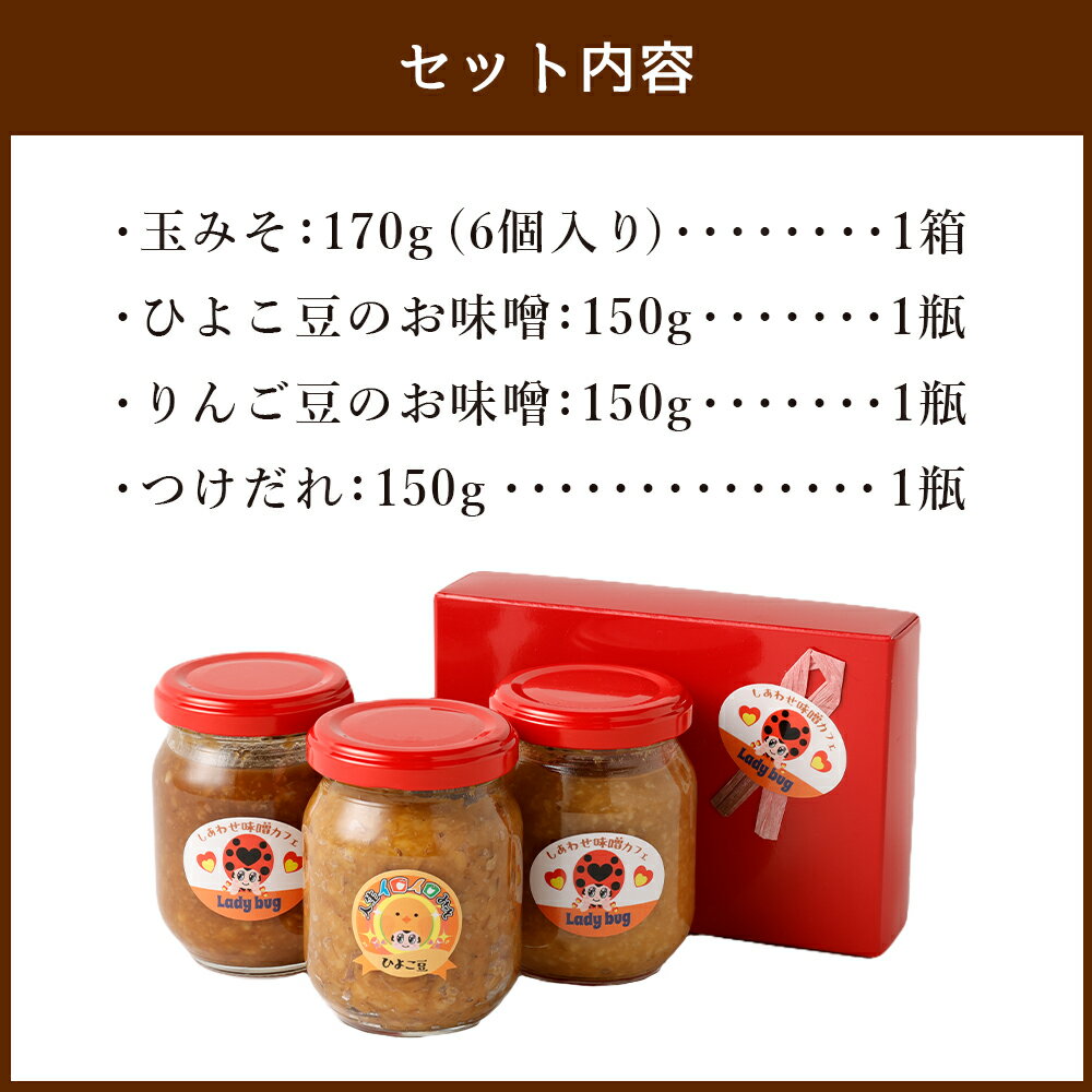 【ふるさと納税】しあわせ味噌カフェ Ladybugおまとめセット 計4種 詰め合わせ 詰合せ 食べ比べ 無添加 調味料 醗酵 大豆 味噌 みそ ミソ 玉みそ ひよこ豆 りんご豆 つけだれ 減塩 冷蔵 福岡県産 九州産 国産 送料無料 サムネイル3