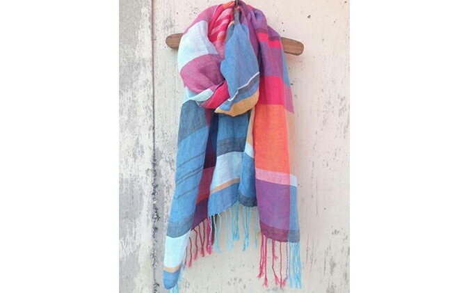 【ふるさと納税】ito to iro 手染め・手織り仕上げ　「ストール」ブルー×レッドベース・マルチボーダー ファッション小物 サムネイル2