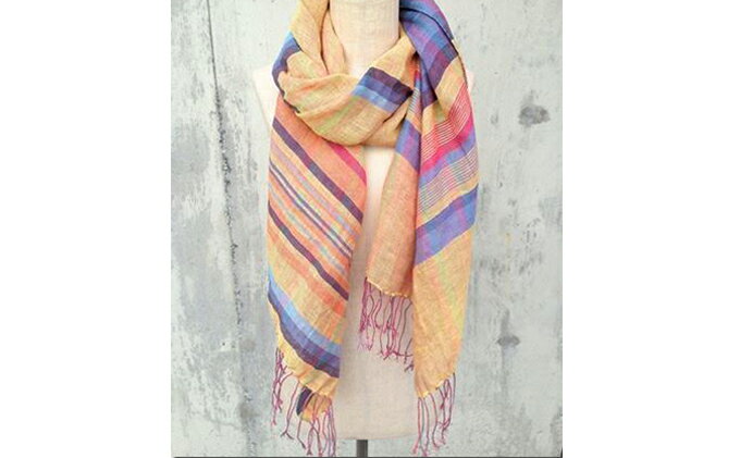 【ふるさと納税】ito to iro 手染め・手織り仕上げ　「ストール」マスタードイエローベースマルチボーダー（大判） ファッション小物 サムネイル2