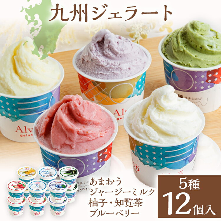 Alvo 九州ジェラート12個セット ジェラート アイス スイーツ 5種 12個入 あまおう ジャージーミルク 柚子 知覧茶 ブルーベリー 各90ml なめらか 濃厚 カップ デザート 冷凍 セット 詰め合わせ