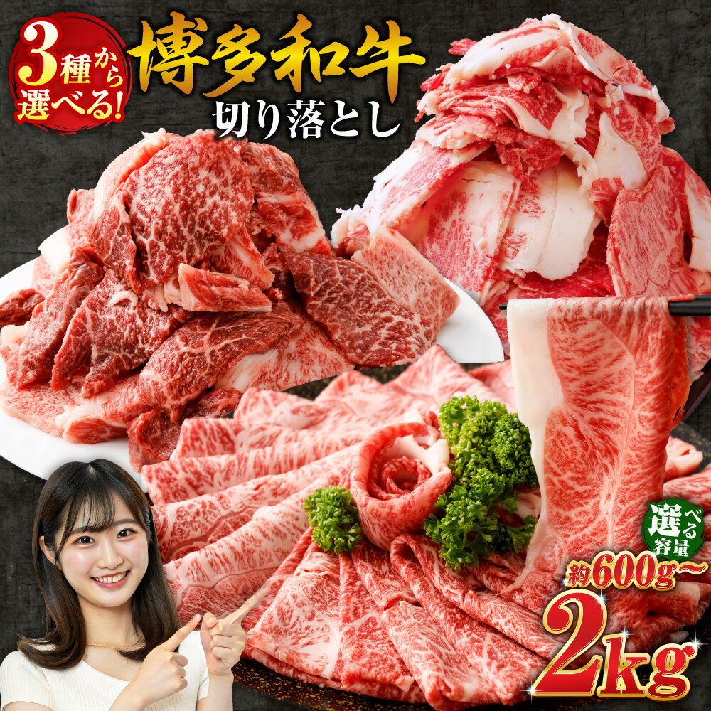【3種から選べる】 博多和牛 切り落とし〈選べる内容量〉600g / 1kg / 1.2kg / 1.8kg / 2kg 9000円～26500円 9千円～2万6千500円 赤身 バラ ミックス リッチ 焼肉 すき焼き 牛肉 和牛 お肉 小分け 選べる カット 部位 冷凍 福岡県産 九州産 国産 送料無料