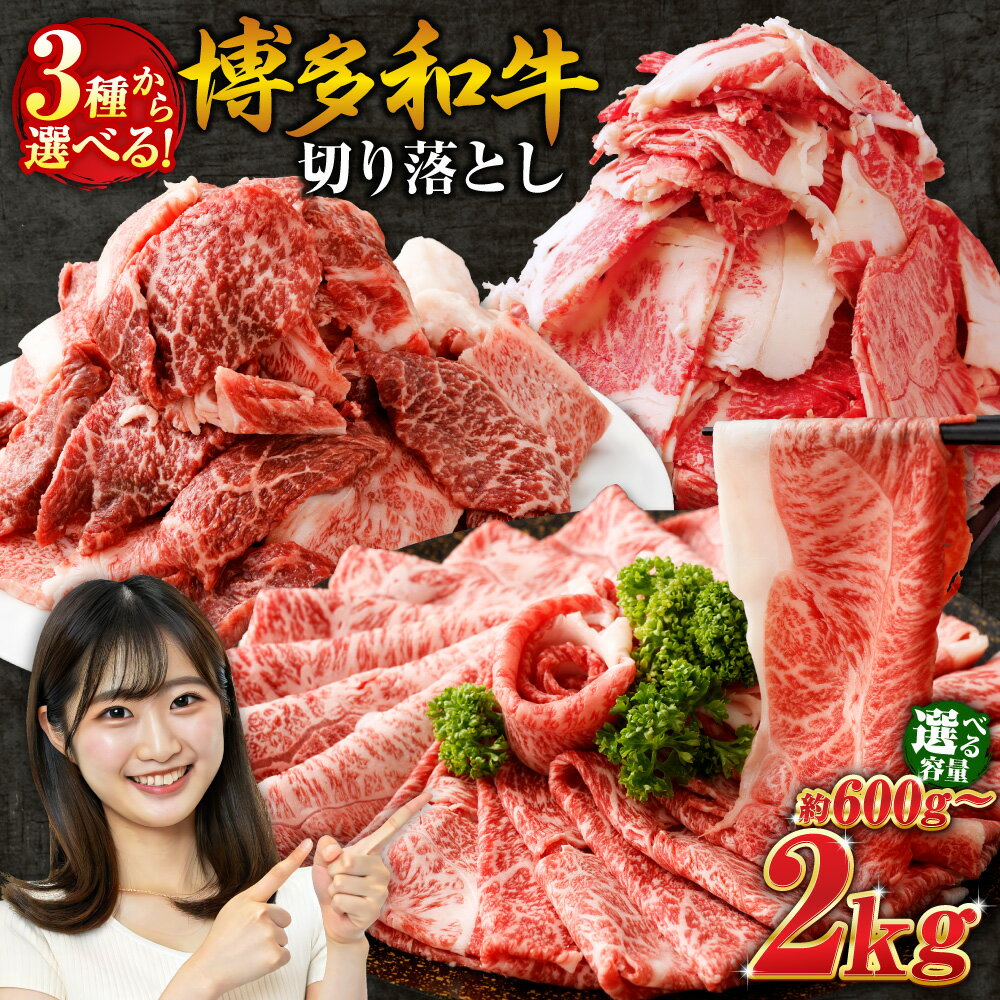 【3種から選べる】 博多和牛 切り落とし〈選べる内容量〉600g / 1kg / 1.2kg / 1.8kg / 2kg 9000円～26500円 9千円～2万6千500円 赤身 バラ ミックス リッチ 焼肉 すき焼き 牛肉 和牛 お肉 小分け 選べる カット 部位 冷凍 福岡県産 九州産 国産 送料無料