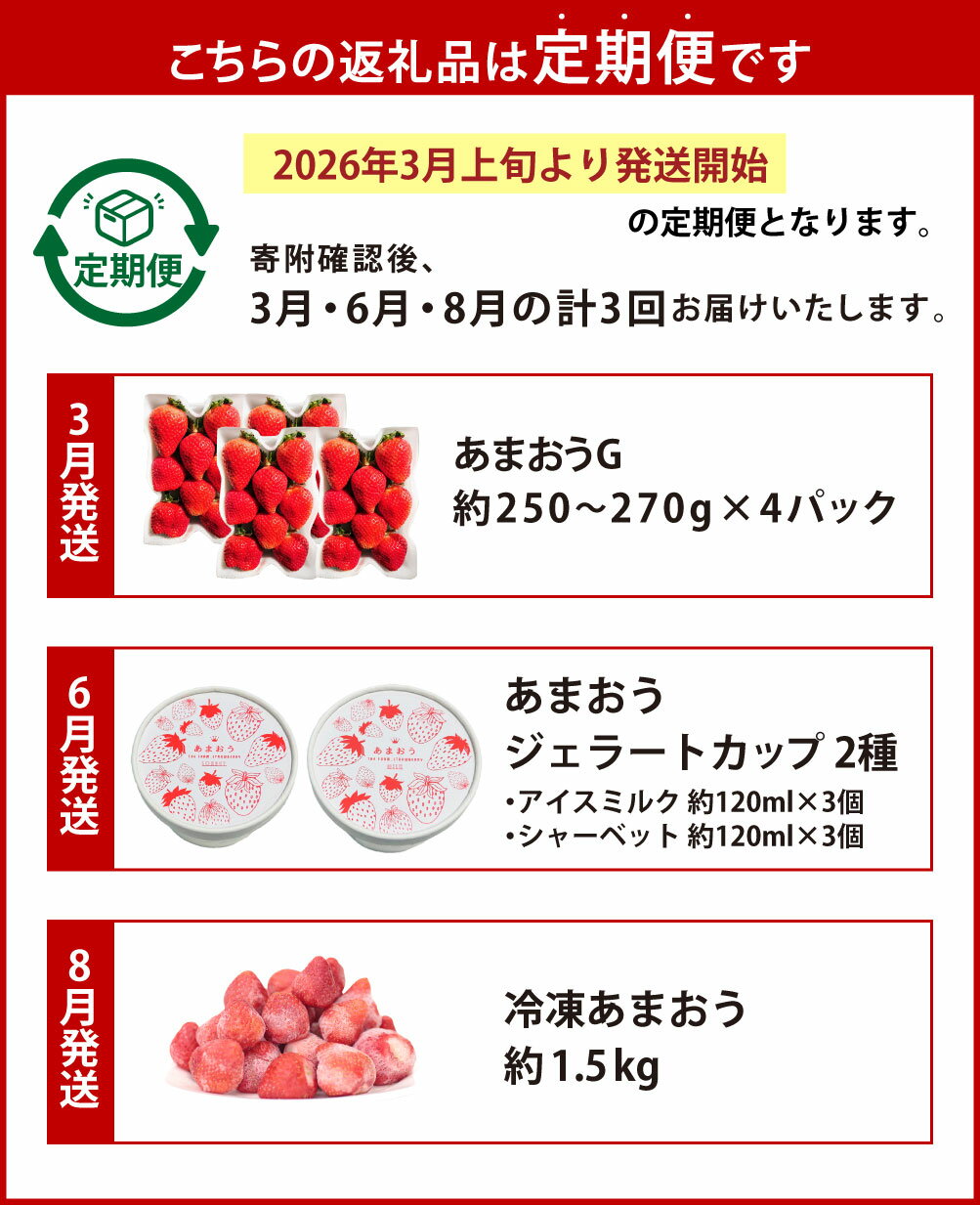 【ふるさと納税】【予約受付・3回定期便】あまおう満喫セット あまおうG・あまおうジェラートカップ・冷凍あまおう あまおう いちご イチゴ 苺 フルーツ くだもの 果物 果実 アイスクリーム スイーツ デザート 国産 福岡県産 遠賀町 送料無料 【2026年3月上旬～8月発送予定】 サムネイル3