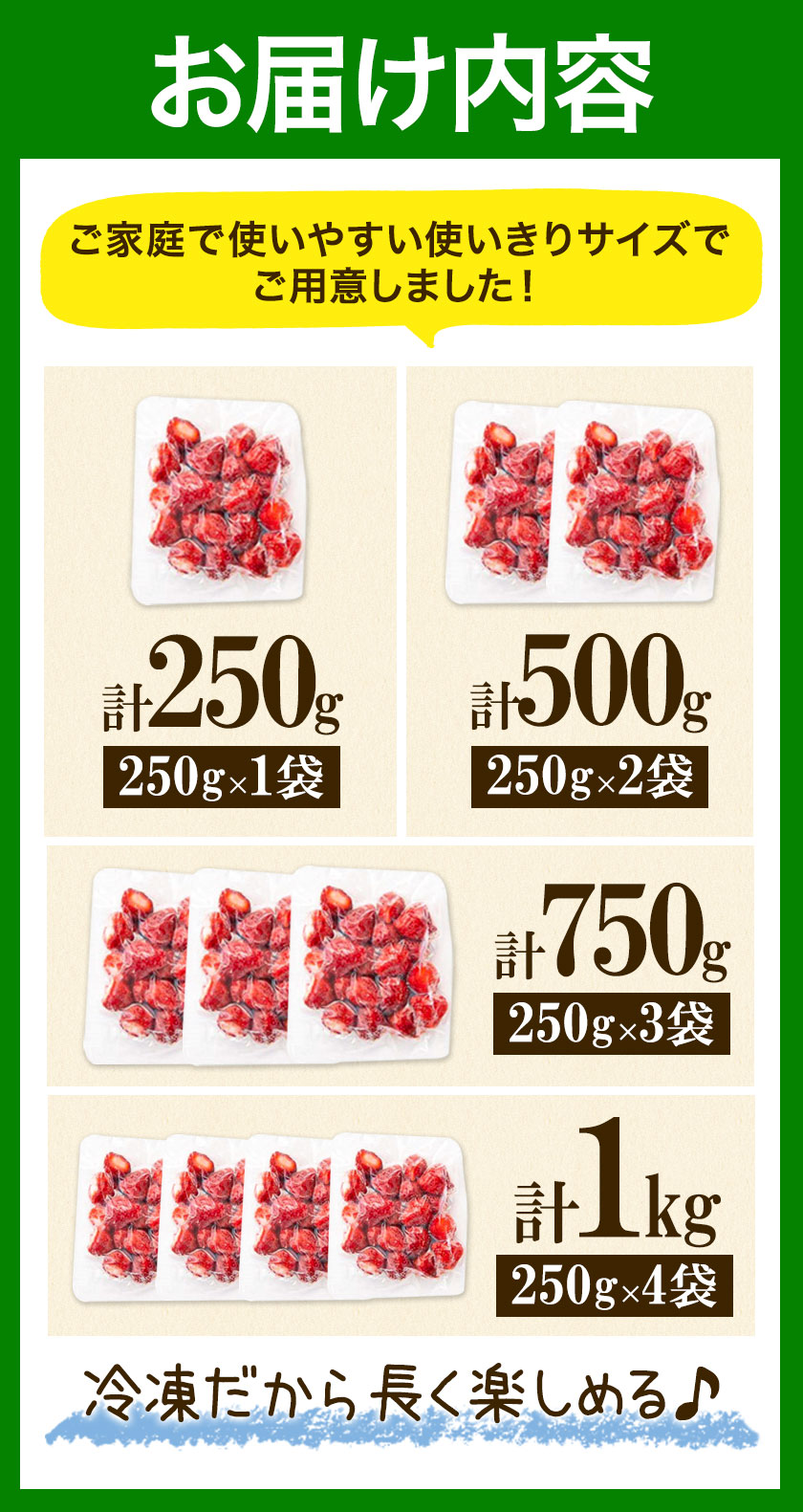 【ふるさと納税】福岡県産 冷凍あまおう 小分けパック 選べる 250g(250g×1袋) 500g(250g×2袋) 750kg(250g×3袋) 1kg(250g×4袋) 株式会社木村食品《30日以内に出荷予定(土日祝除く)》福岡県 小竹町 冷凍あまおう いちご 冷凍フルーツ 果物 送料無料 サムネイル3